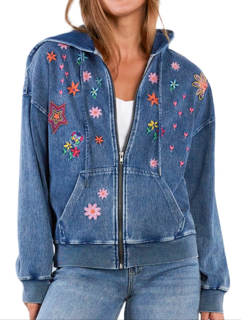 Billy T  Embroidered Denim Zip-Up Hoodie Jacket - Blue